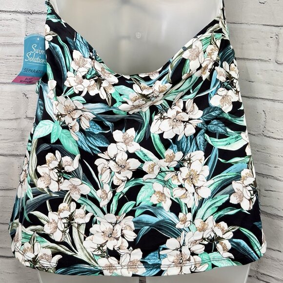 Swim Solutions Vintage Bouquet Triple Tier Halter Tankini Black Floral Size 18 - Picture 9 of 9